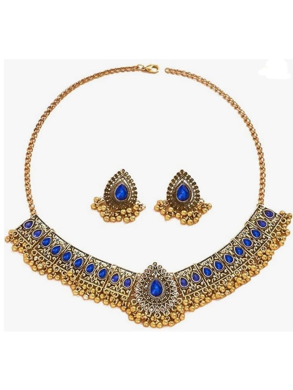 Vintage-Style Gold Tone Blue Stone Necklace & Earring Set – Costume Jewelry